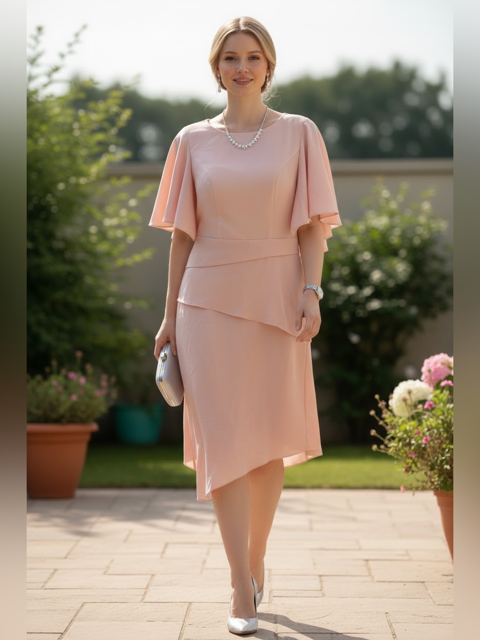 Nwt $250 Lanting Blush Pink Flutter Sleeve Asymmetric Tiered Sheath Dress Small
